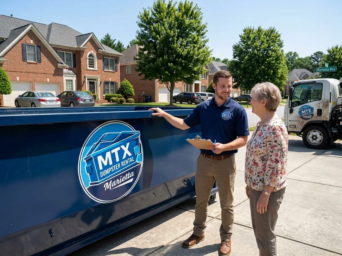 MTX Dumpster Rental Marietta roll-off truck delivering a container in Marietta, GA